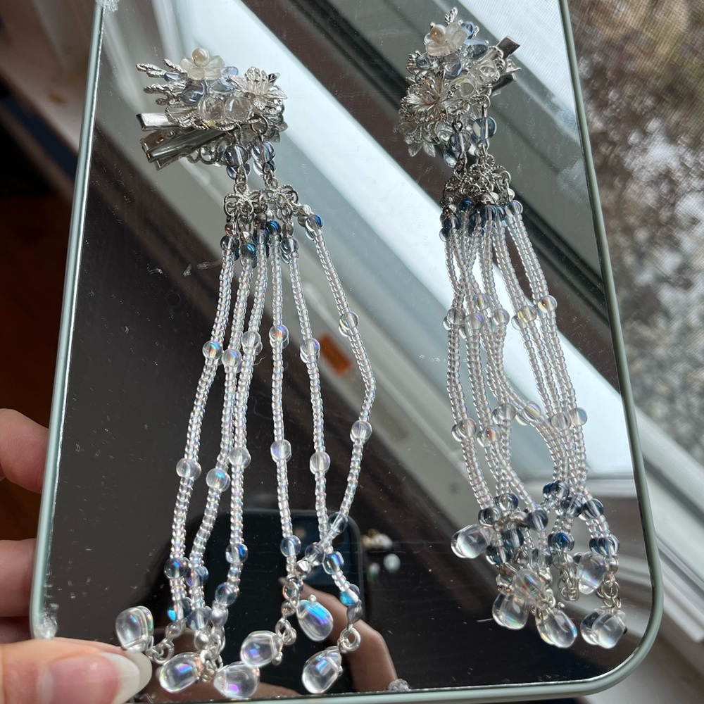 Chinese style Hair Clips w/Tassels - Natural Stones & Pearls - Hanfu Accessories